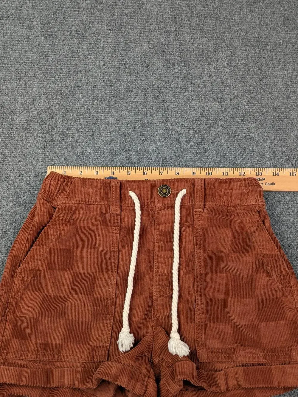 SO Shorts Juniors XS Rust Brown Corduroy Check High Rise Drawstring Tassel